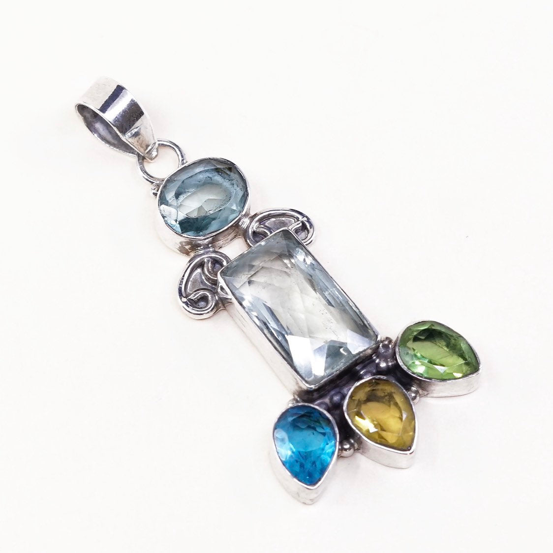 VTG Sterling silver handmade pendant, 925 w/ cushion cut colorful crystal