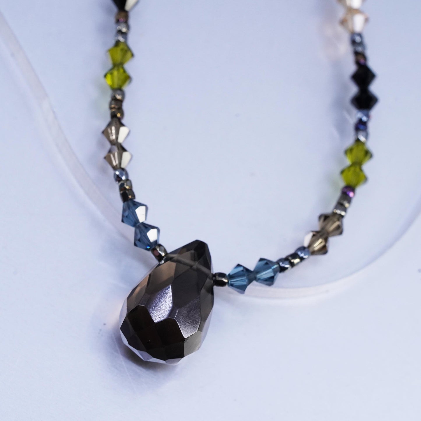 16”, Sterling 925 silver necklace crystal beads teardrop smoky quartz pendant