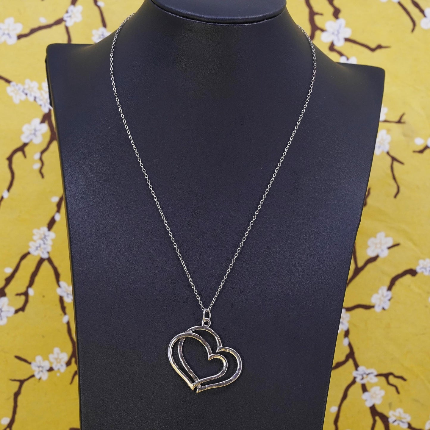 18”, vintage Sterling silver necklace, 925 circle chain double heart pendant