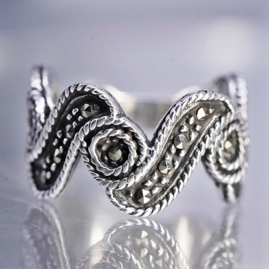 Size 7, southwestern Sterling 925 silver wave ring, band cluster marcasite