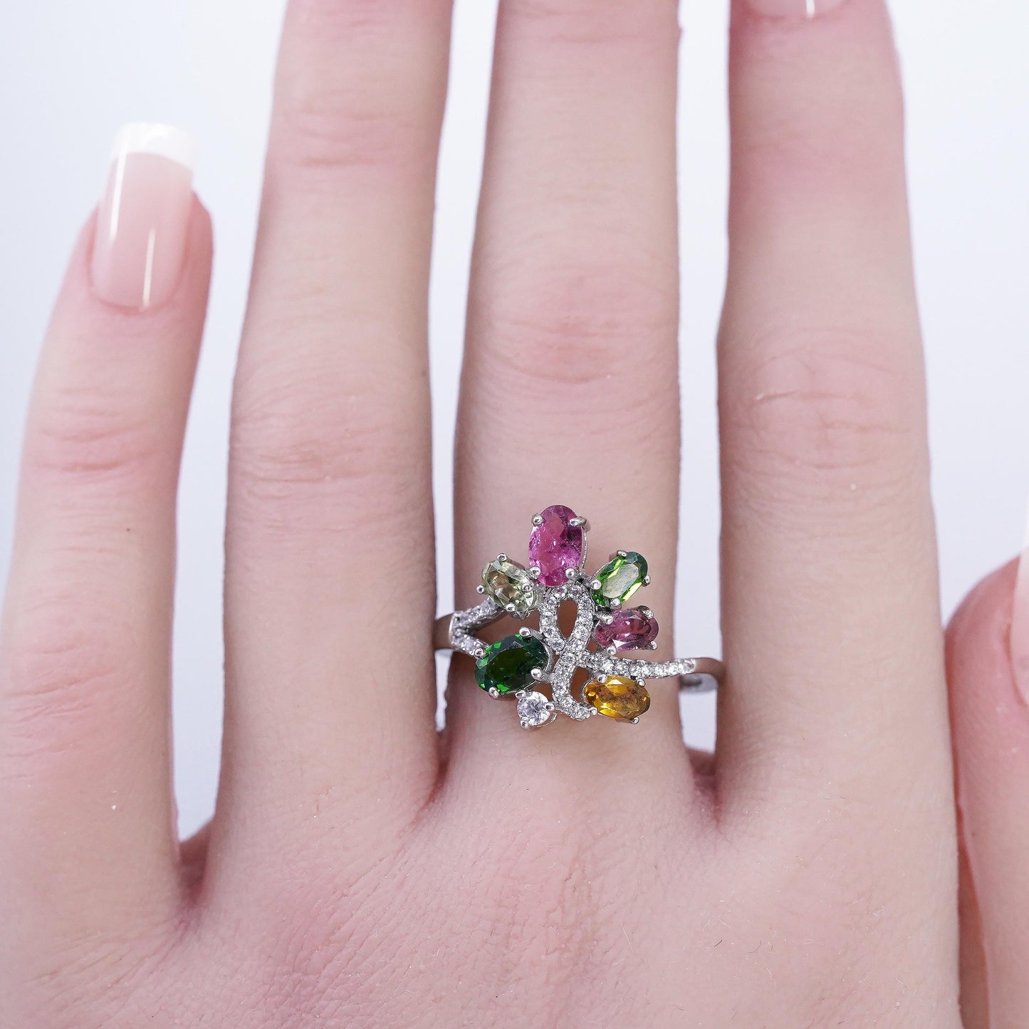 size 9.75, 925 Sterling Silver Ring, Garnet Peridot Citrine CZ Cocktail Ring
