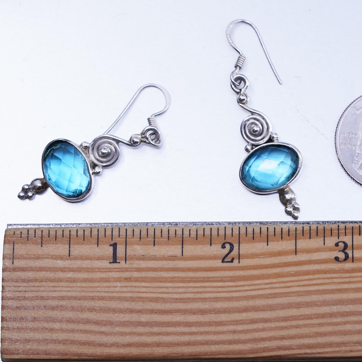 Vintage Sterling 925 silver handmade spiral earrings with blue crystal