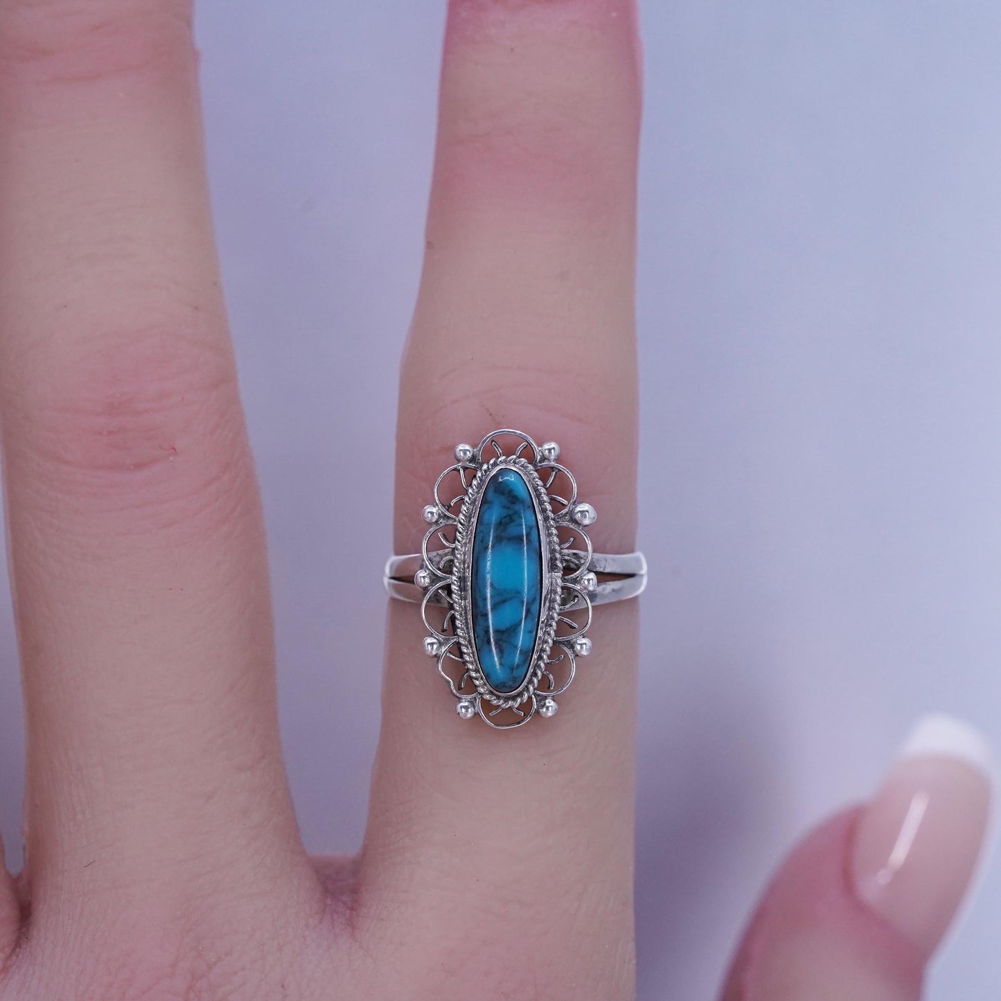 Size 6, Mexico Taxco Sterling 925 silver handmade filigree ring with turquoise