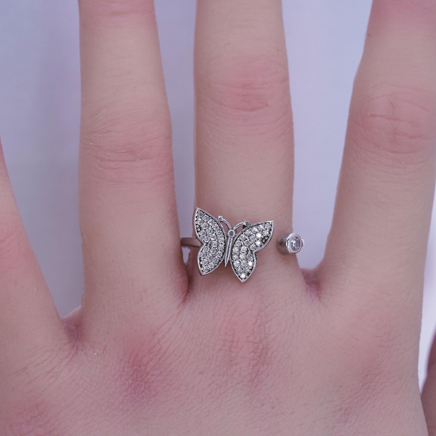 Size 9, vintage Sterling 925 silver adjustable ring, cluster Cz butterfly