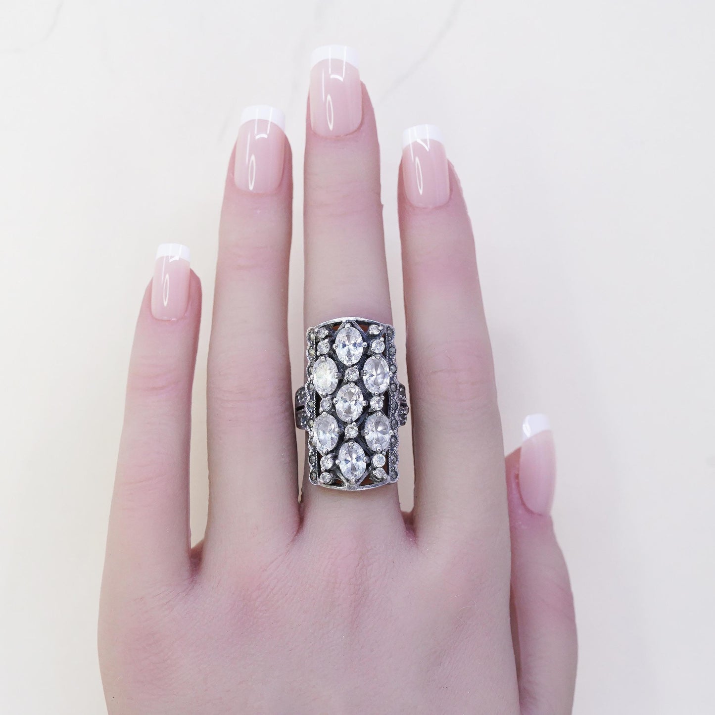 Size 7.25, 925 Sterling Silver Cluster CZ Ring, Marcasite Cocktail, Wide Band