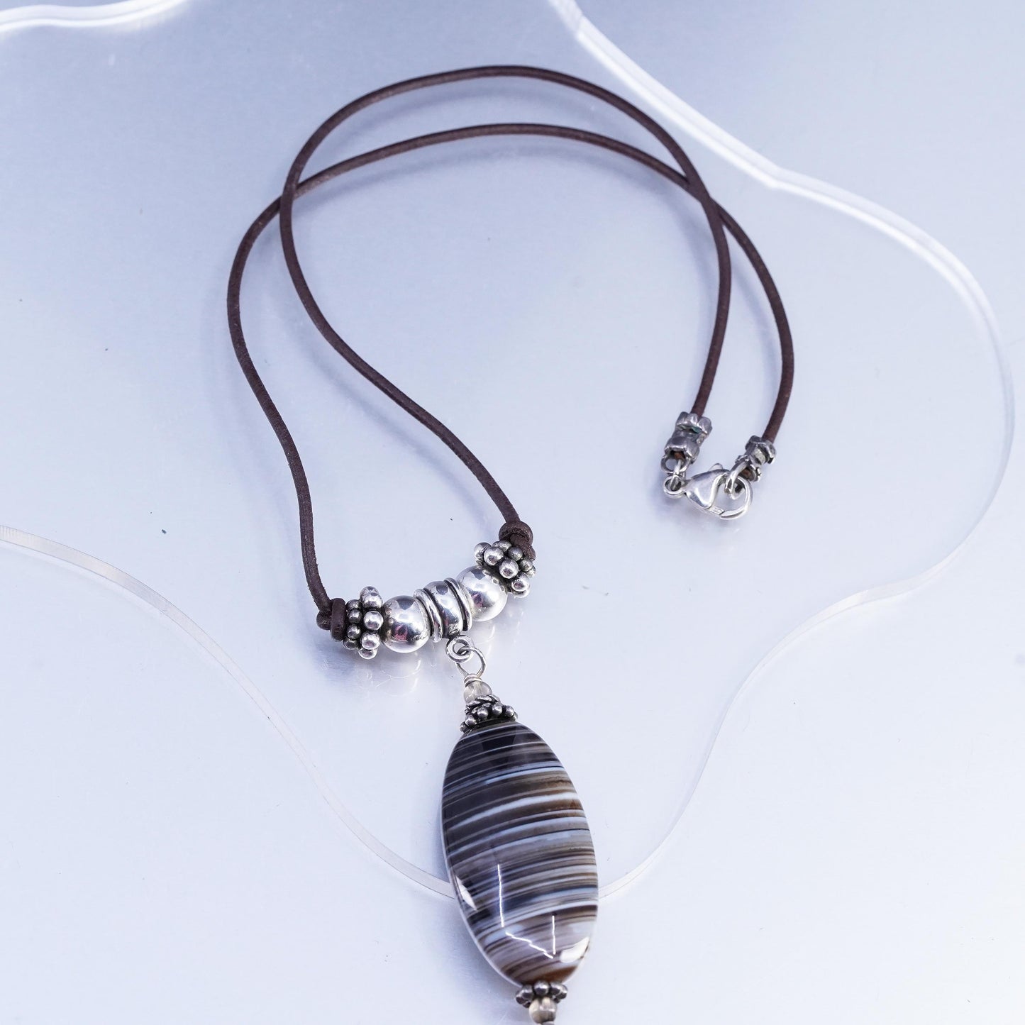 16", vintage 925 Sterling Silver Handmade brown Leather Necklace agate pendant