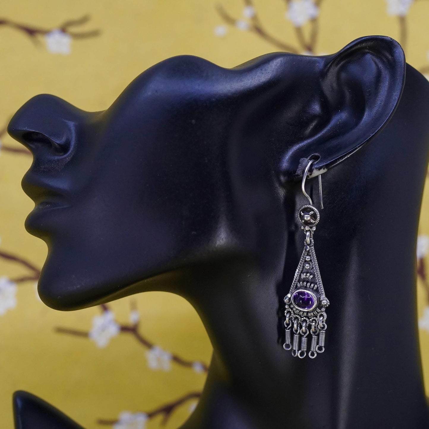southwestern Sterling 925 Silver wired Earrings amethyst. Ethnic Tribal Jewelry