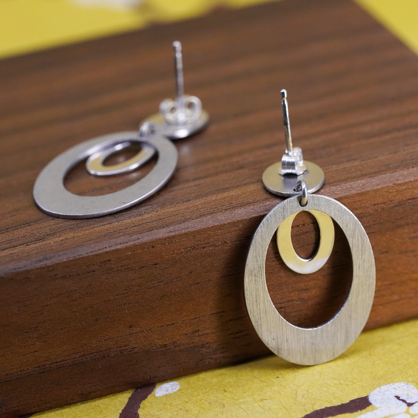 Vintage Sterling silver handmade earrings, matte 925 multi circles dangle