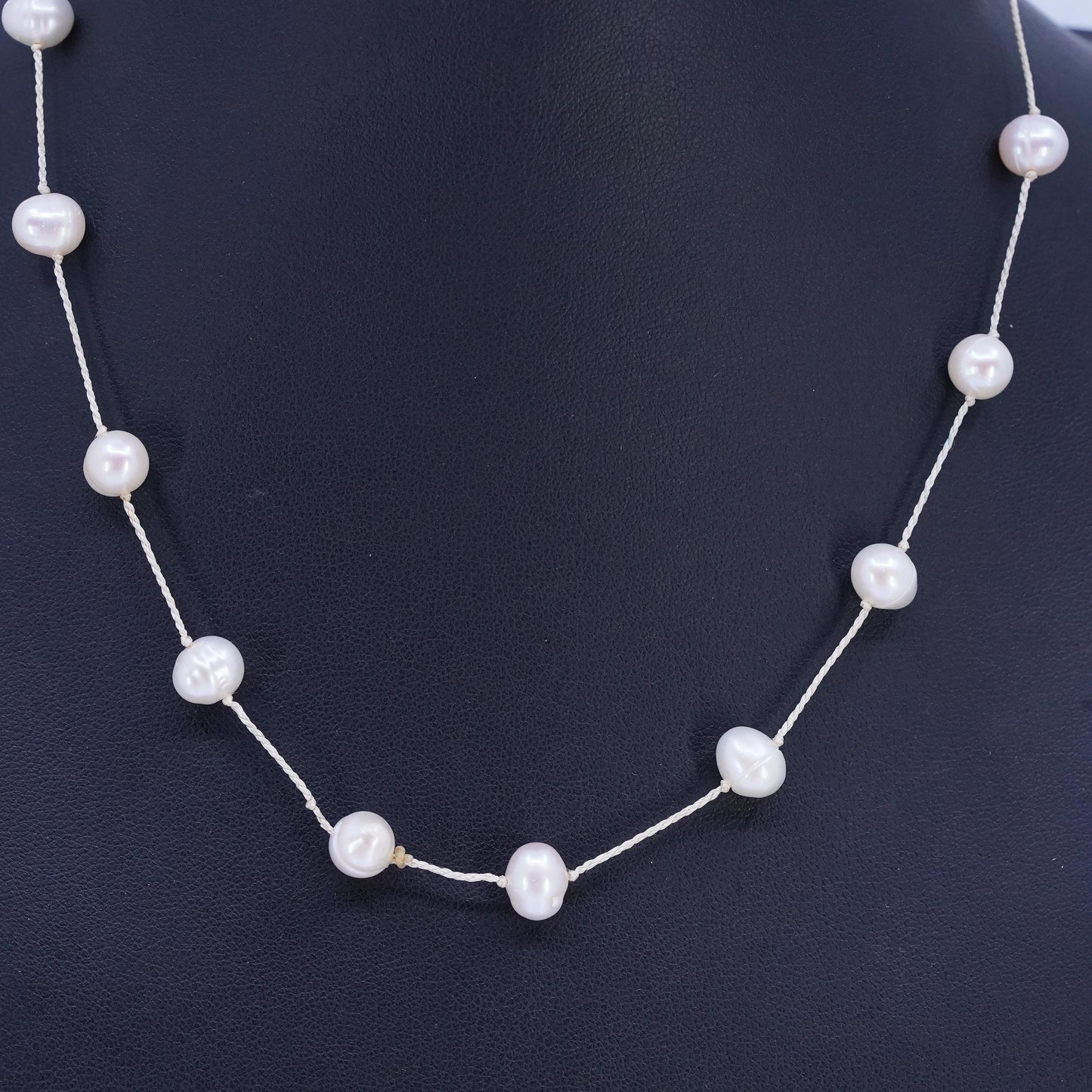 16" Vintage Sterling 925 silver necklace with 8mm freshwater Pearl linen thread