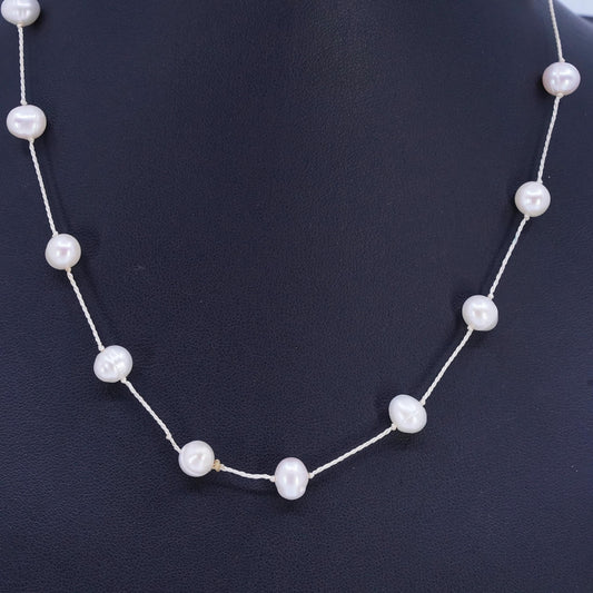 16" Vintage Sterling 925 silver necklace with 8mm freshwater Pearl linen thread
