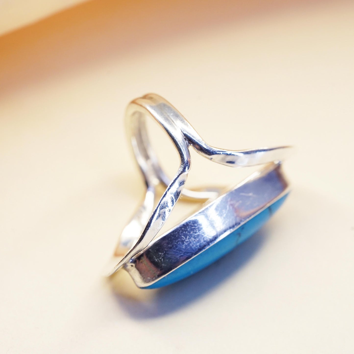 Size 5, Vintage sterling silver ring, 925 statement band with oval turquoise