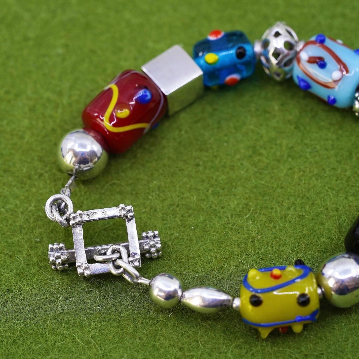 7”, VTG Silpada Sterling Silver Lampwork Art Glass Bead Toggle Bracelet B0871