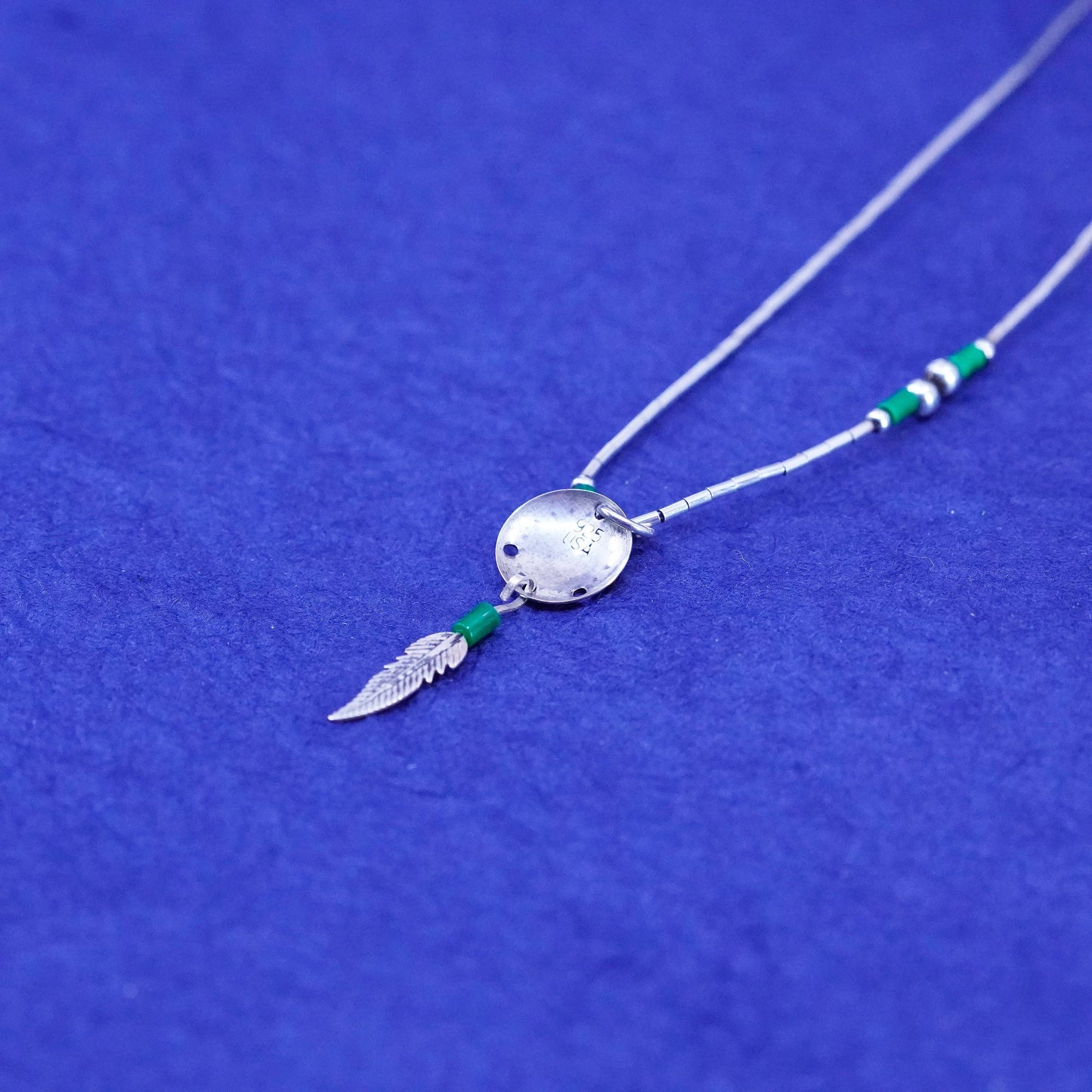 16”, Native American Navajo Sterling 925 liquid silver chain turquoise feather