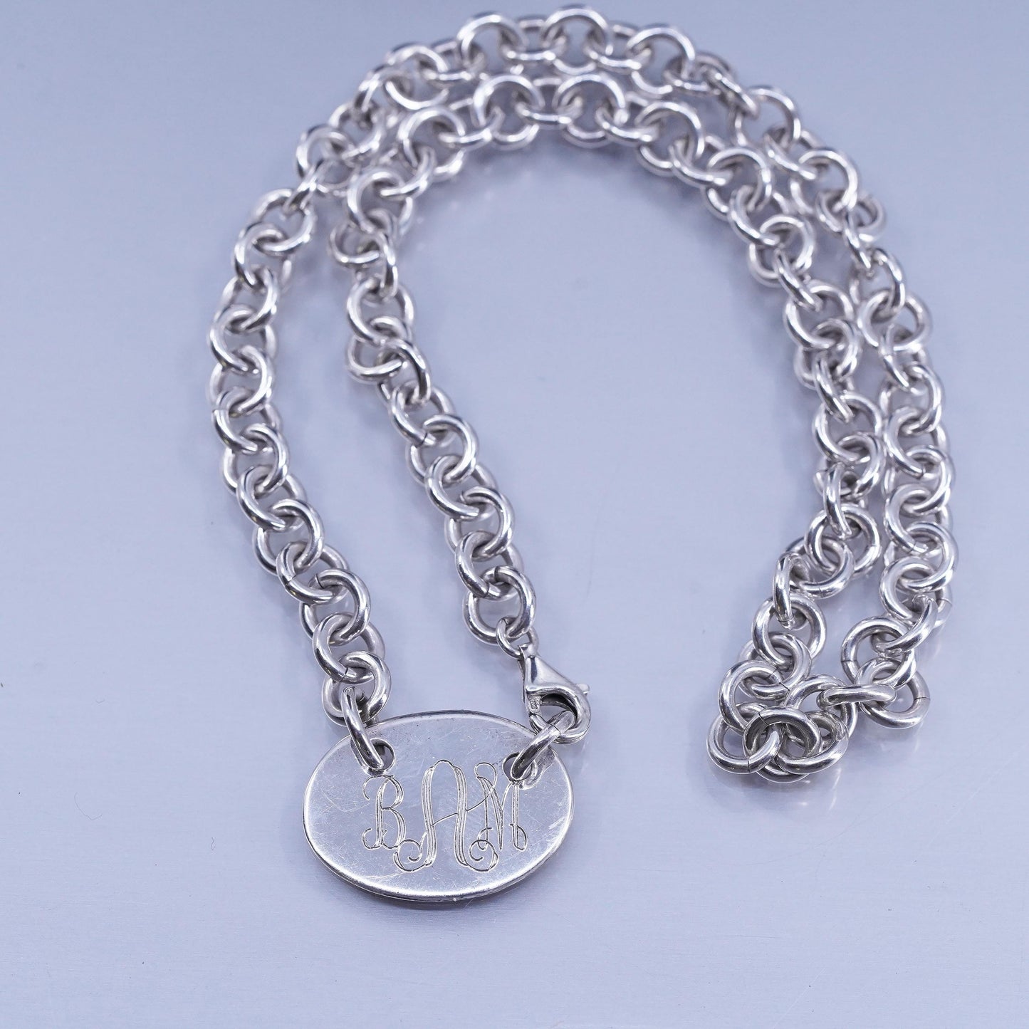 16”, vintage Sterling 925 silver handmade circle necklace with monogram BMA tag