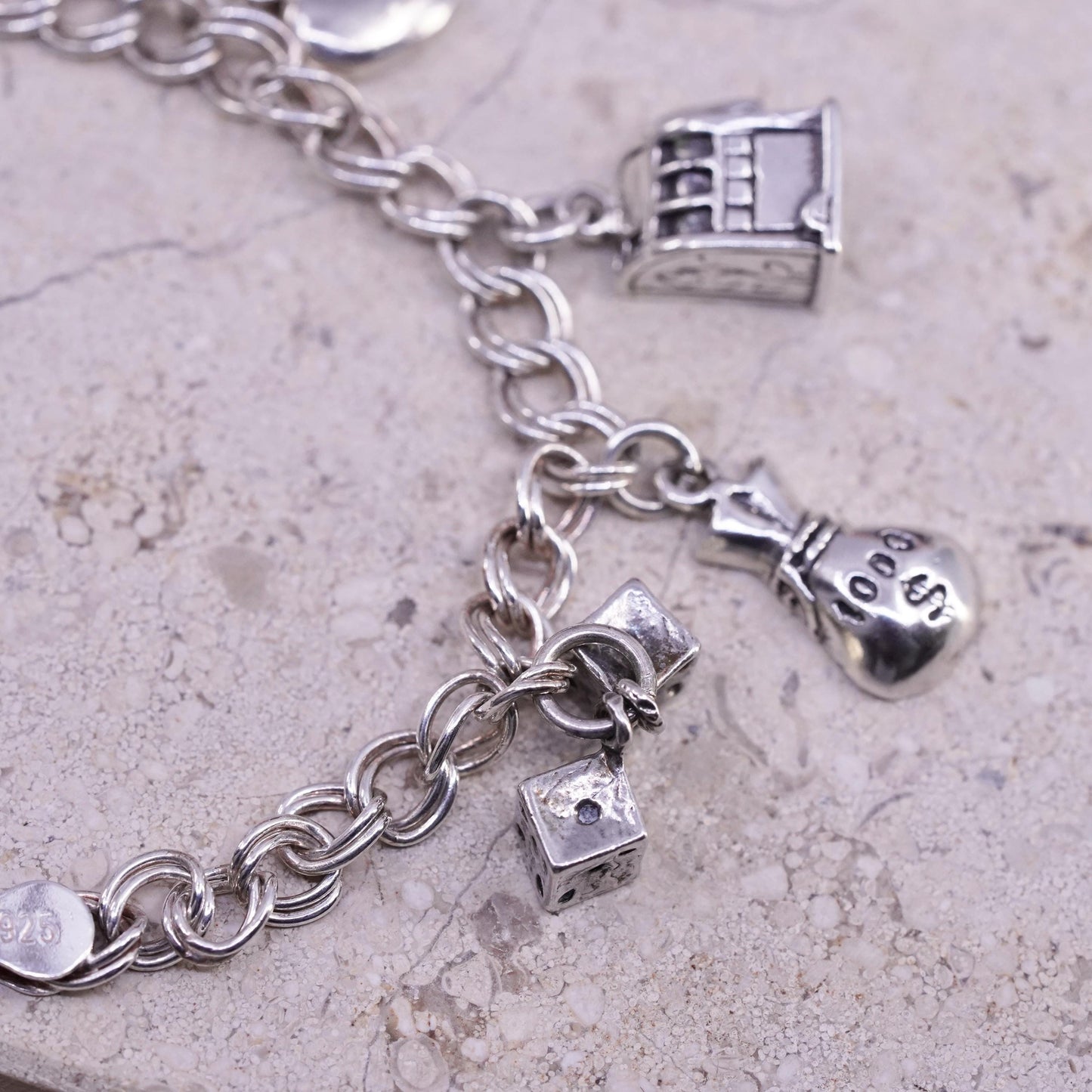 8", Sterling silver bracelet, 925 double curb chain slot dice money bag heart
