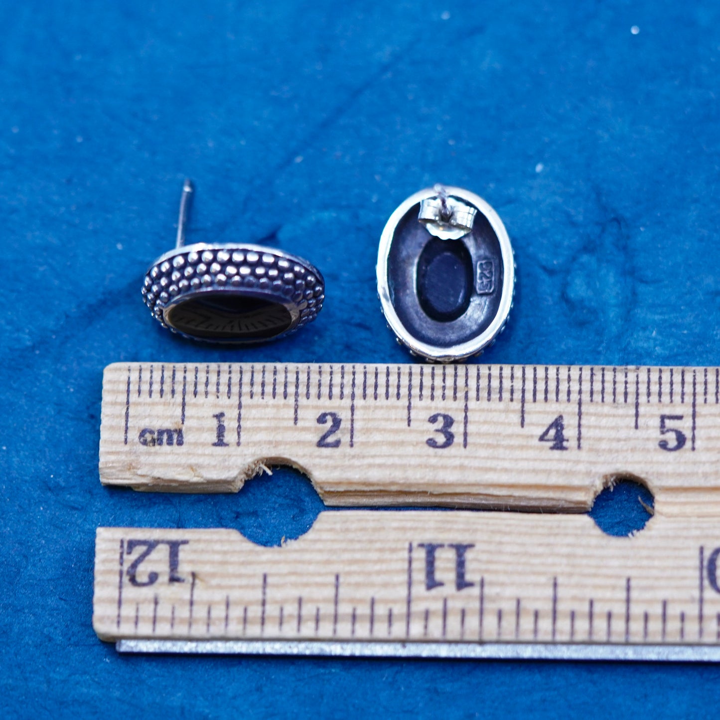 Vintage Sterling silver earrings, 925 oval studs with onyx