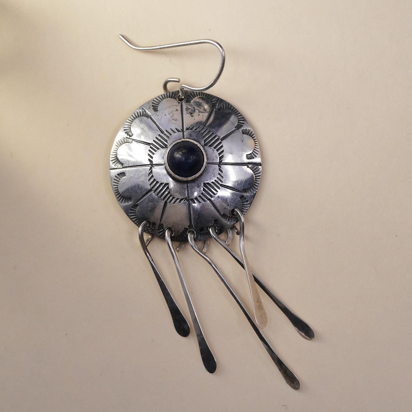 Native American Navajo single earring. Navajo Sterling 925 silver lapis fringe