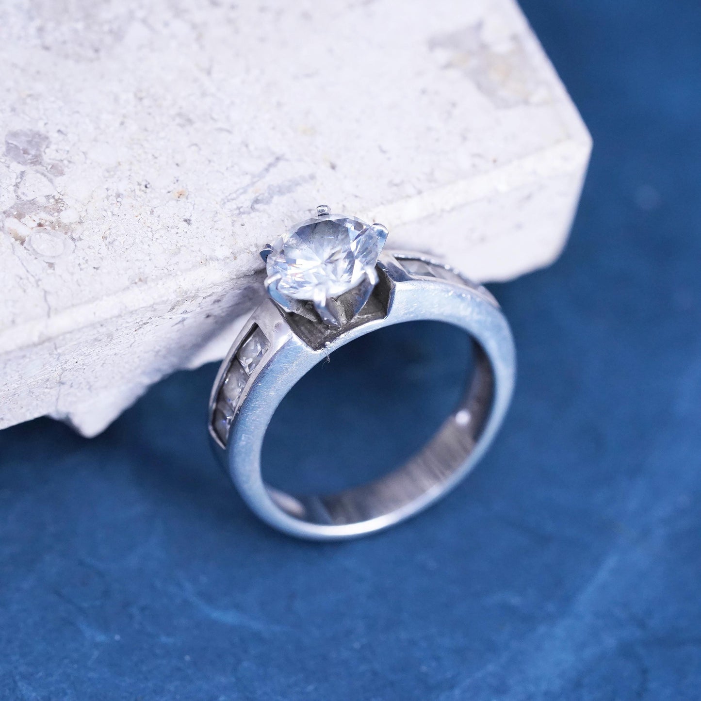 Size 8.25, vintage Sterling 925 silver engagement anniversary ring cluster Cz