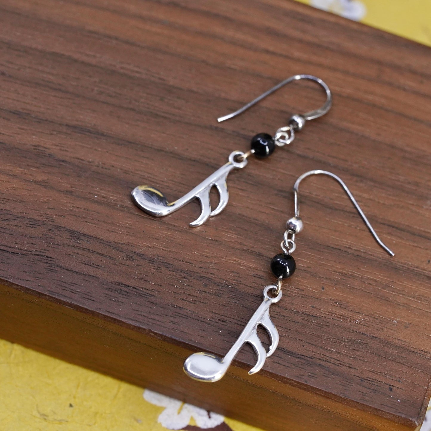 Vintage Sterling 925 silver handmade music note earrings with onyx beads