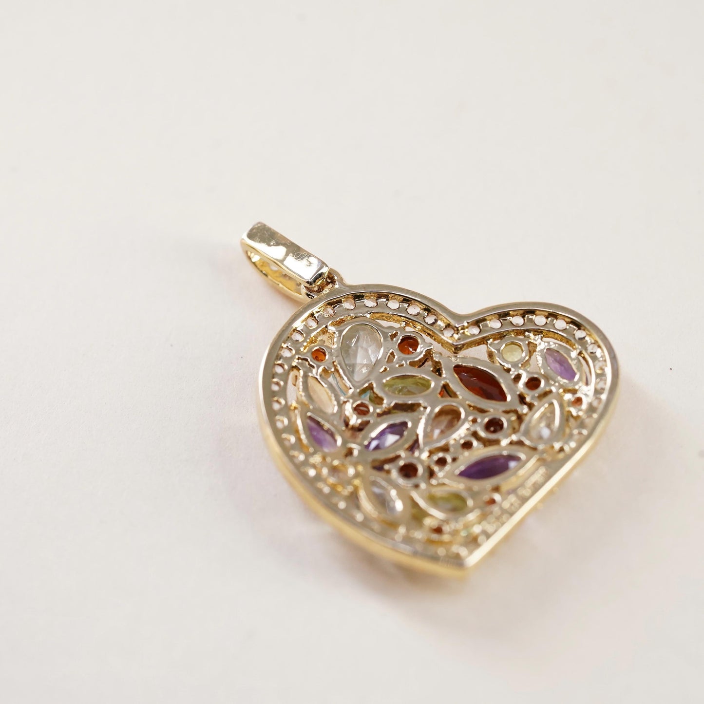 Vintage PAJ BR gold plated brass filigree heart with multi gemstones