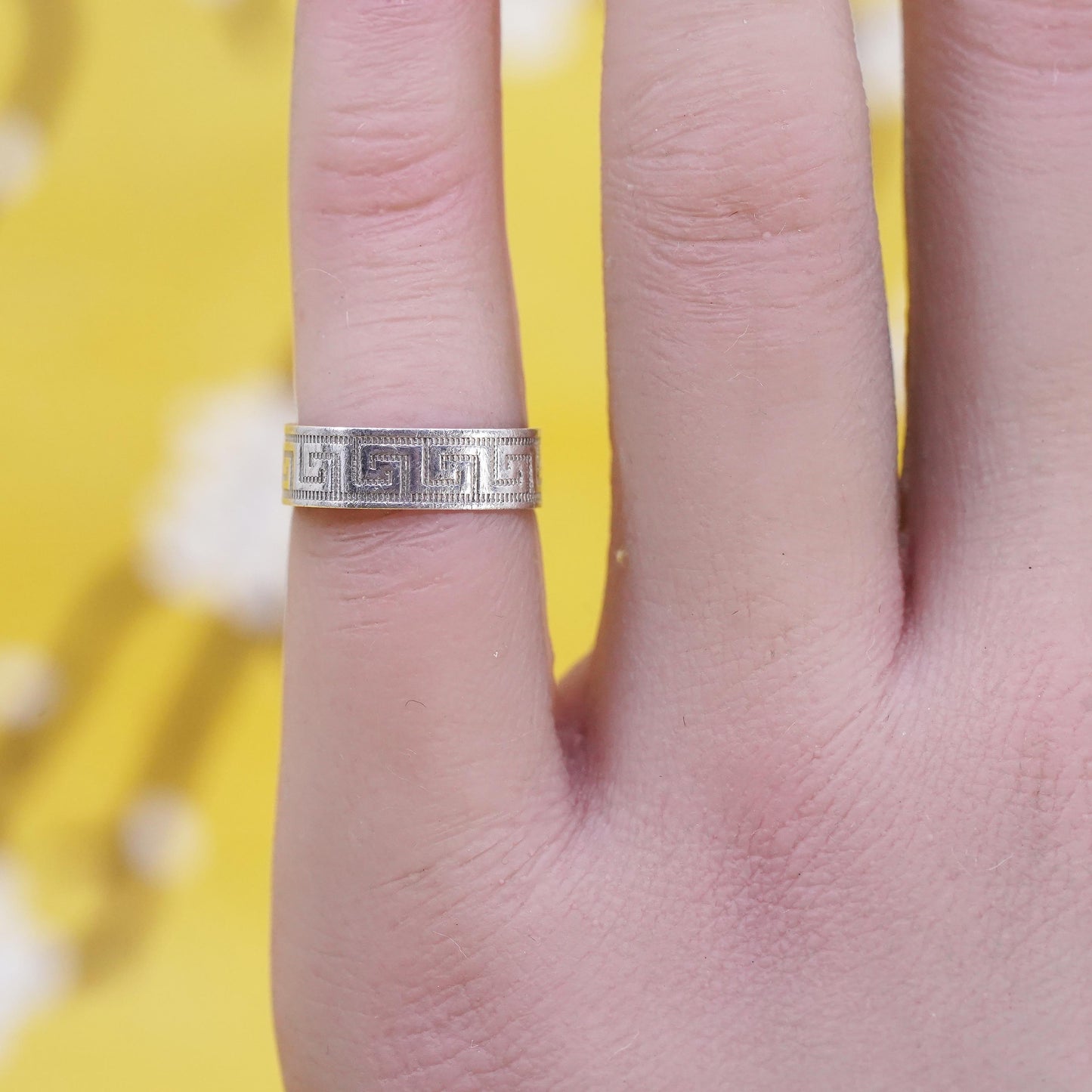 Size 3, Sterling silver handmade ring, 925 Greek key textured band, open end