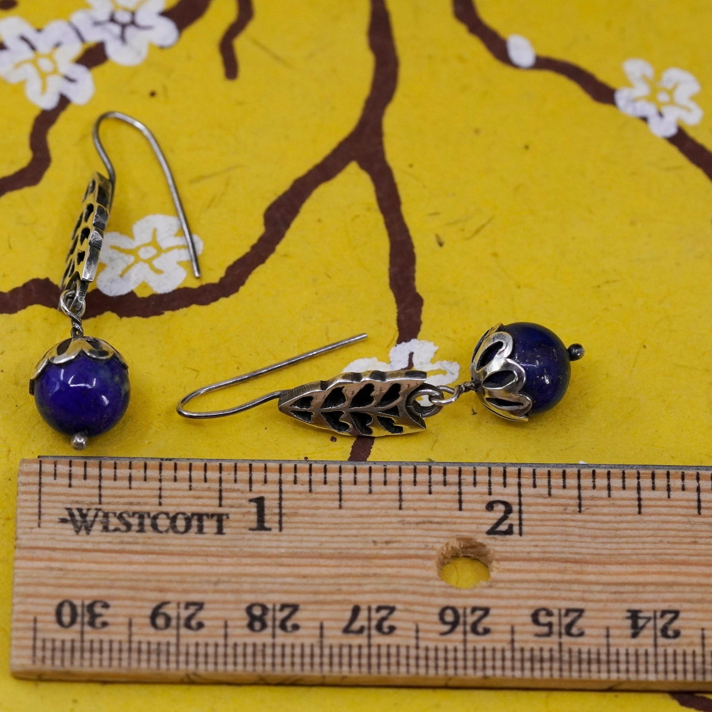 Vintage handmade sterling 925 silver leafy earrings with lapis lazuli bead