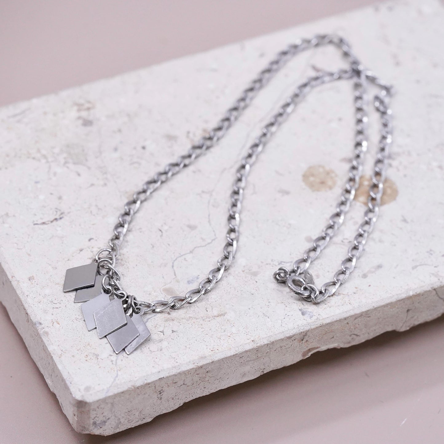 18”, vintage Sterling silver necklace, textured 925 curb chain diamond dangles