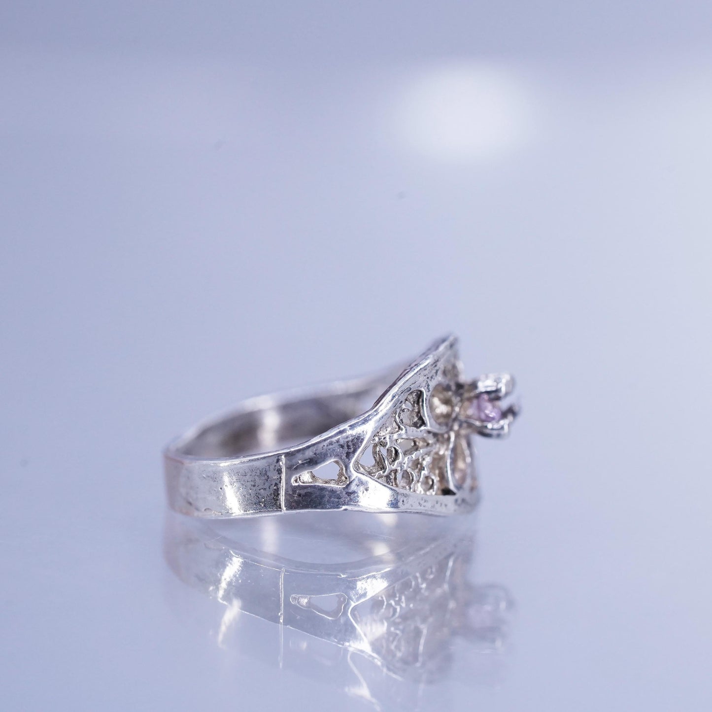 Size 1.25, vintage Sterling 925 silver handmade filigree ring with pink crystal