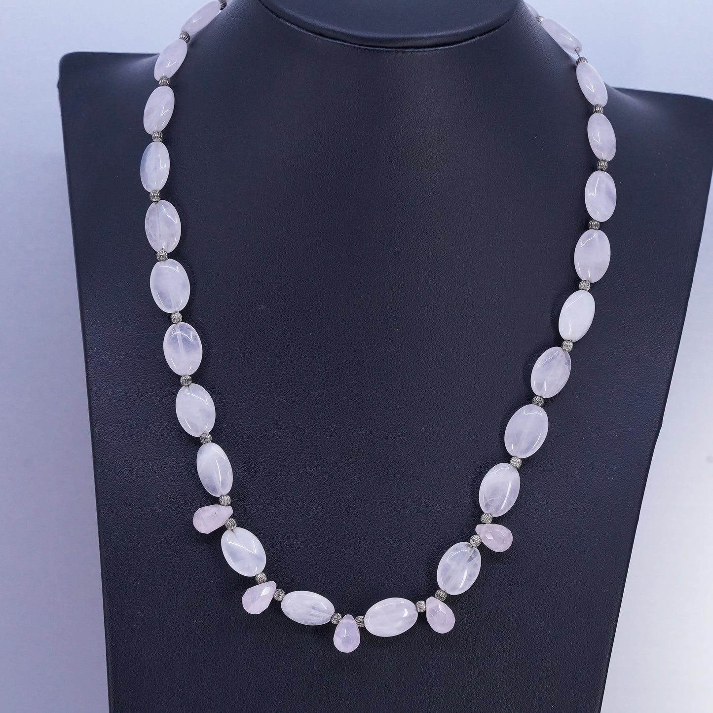 19", VTG Pink Quartz Beads necklace teardrop charms sterling 925 silver clasp