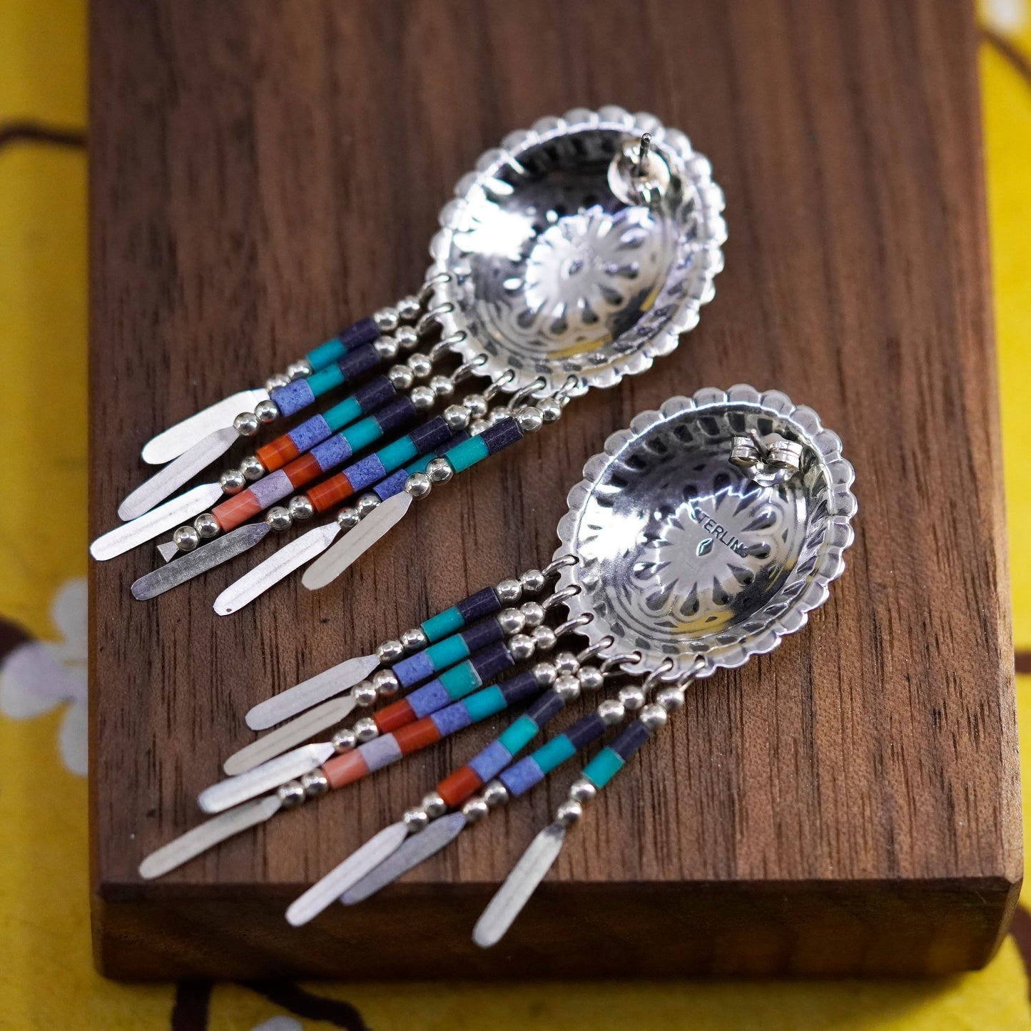 Quoc Turquoise Q.T. Sterling Silver Earrings, 925 studs malachite fringe drops