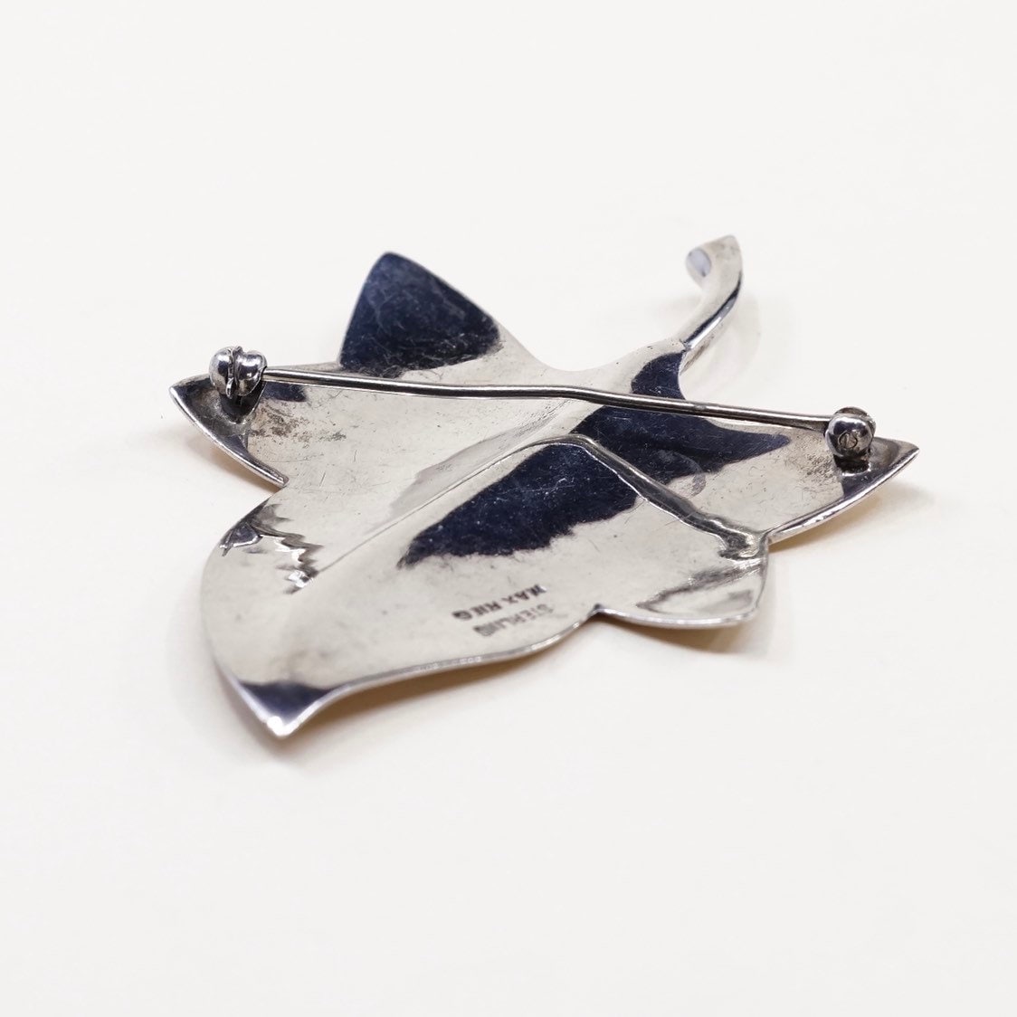 Vintage max rieg sterling silver maple leaf shaped brooch, solid 925 silver pin, stamped Sterling max rieg