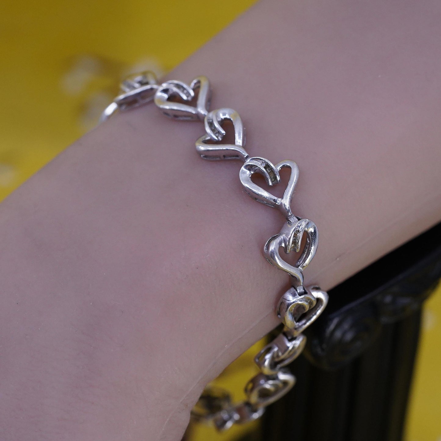 7.5”, vintage Sterling silver tennis bracelet, 925 heart link chain diamonds