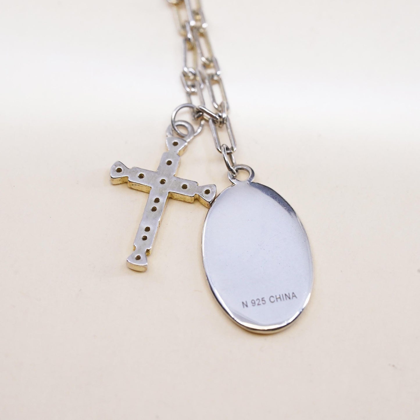 Sterling Silver 925 Two Tone Virgin Mary Diamond Cross Pendant Necklace, Chain