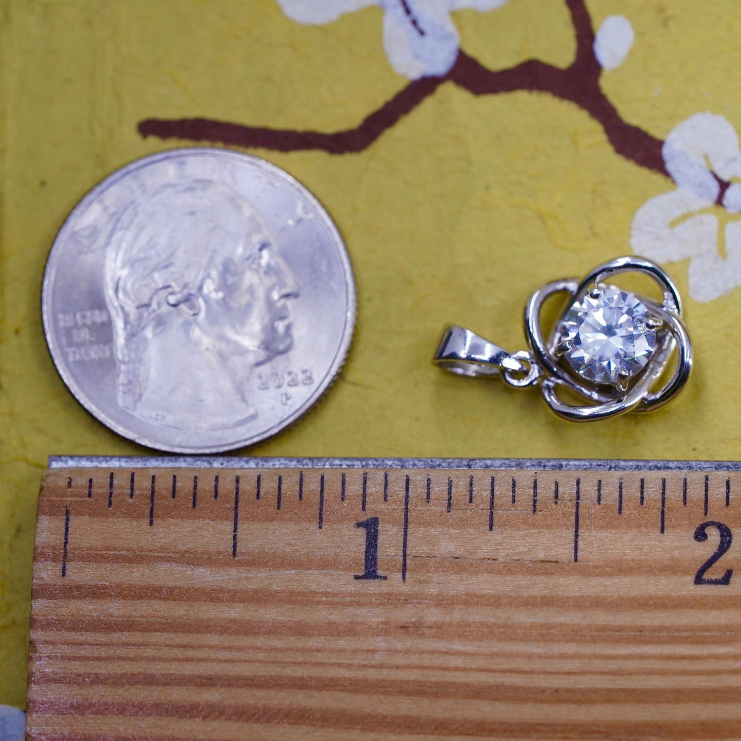 Vintage Sterling silver handmade flower pendant, 925 entwined charm with CZ