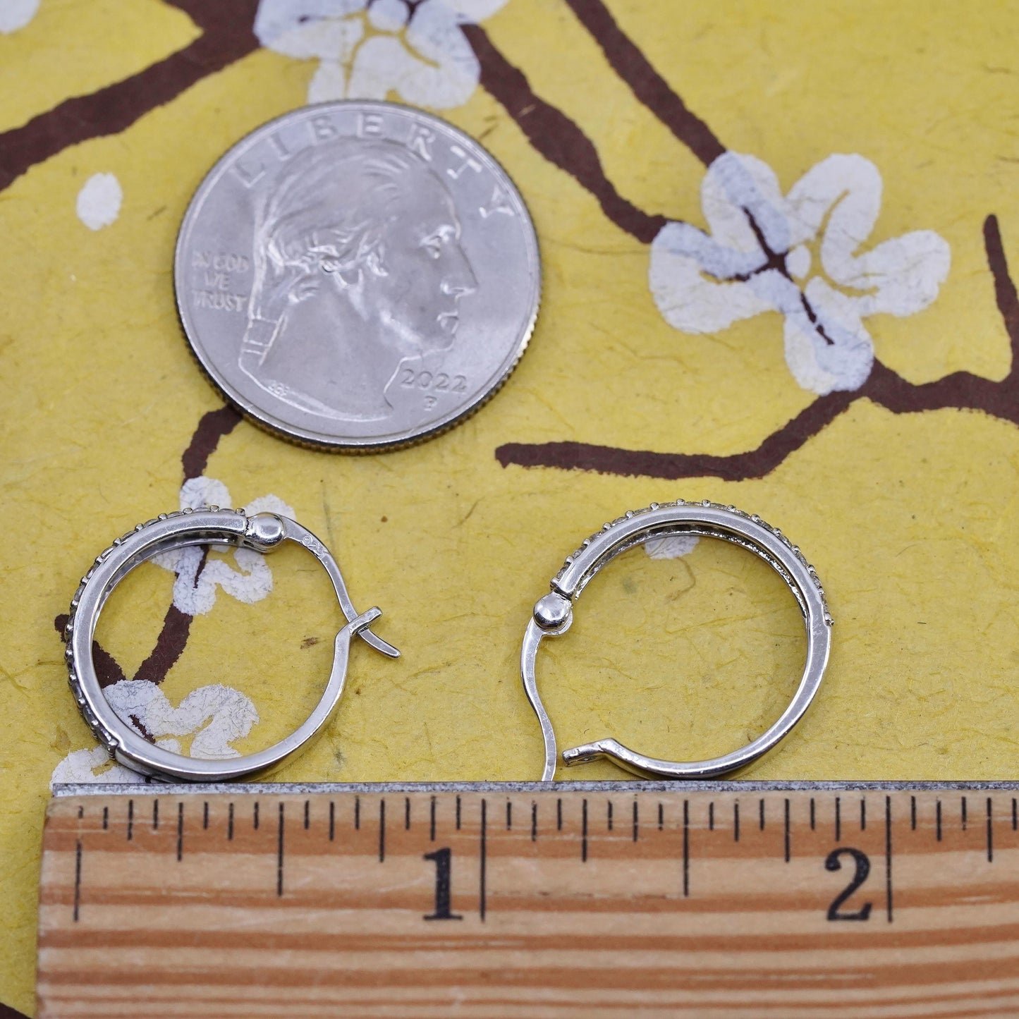 0.75", vintage Sterling silver hoop earrings, 925 huggie with cluster diamonds