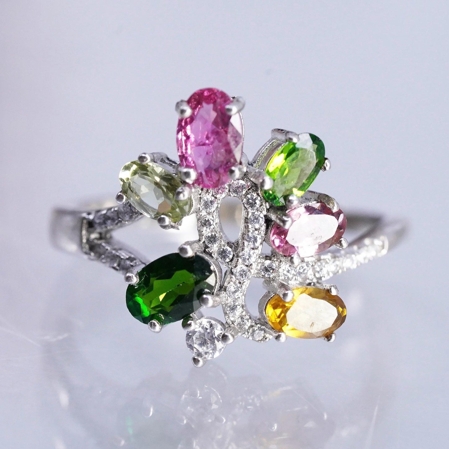 size 9.75, 925 Sterling Silver Ring, Garnet Peridot Citrine CZ Cocktail Ring