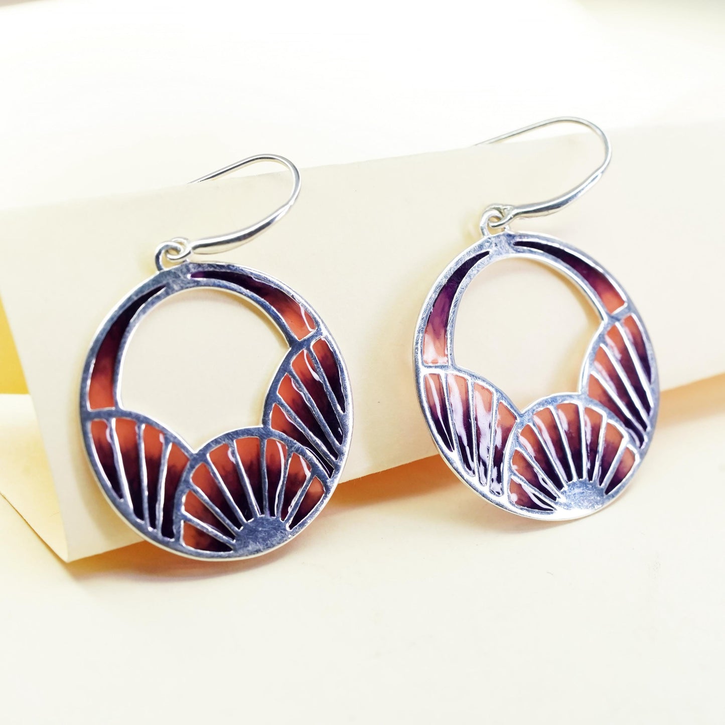 Vintage sterling silver handmade earrings, 925 abstract circle with pink enamel