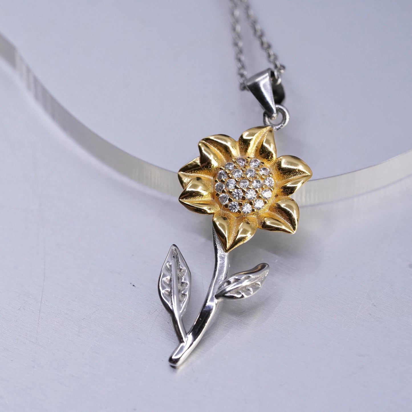 Aphrodite Jewelry, Sterling 925 silver necklace two tone sunflower pendant