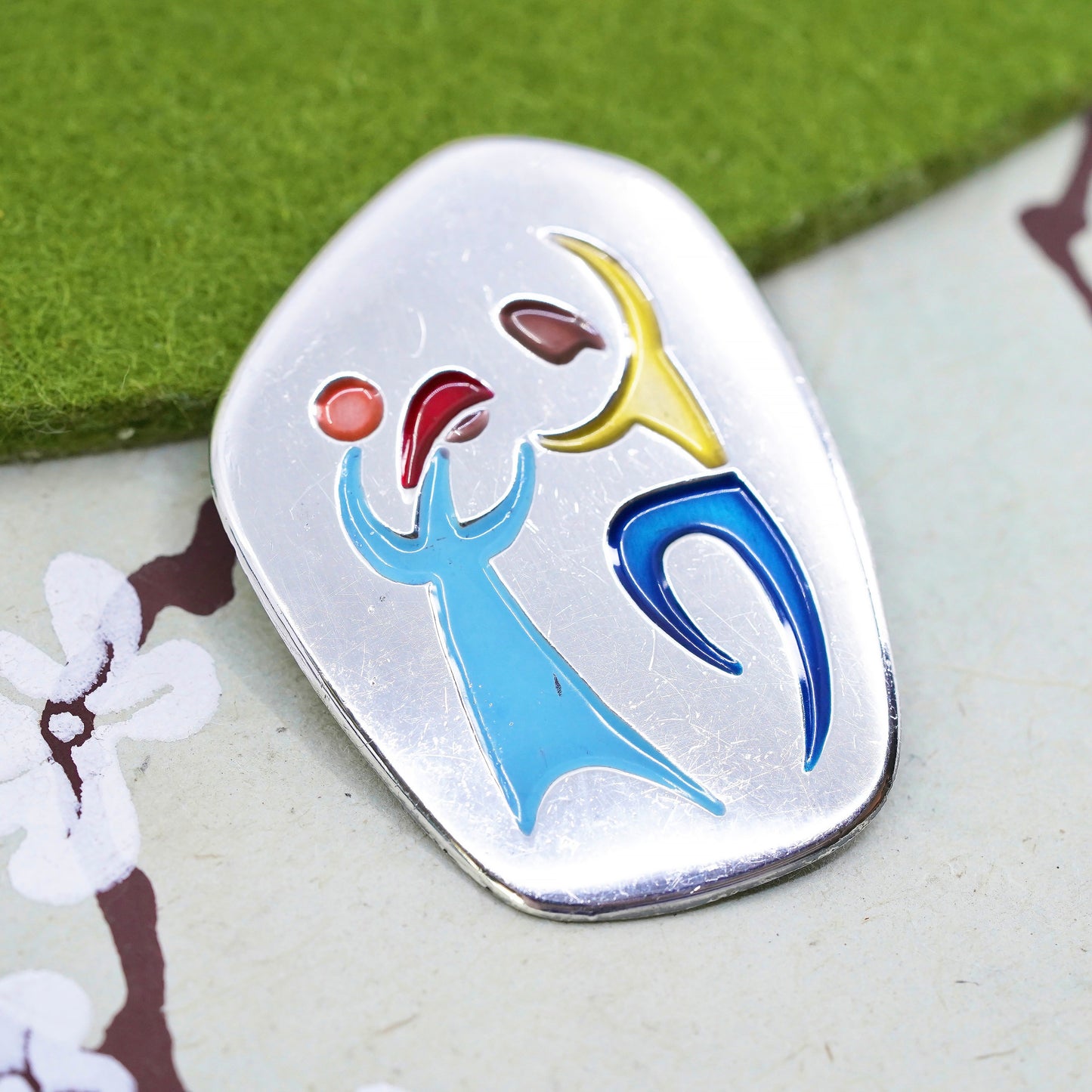 Vintage sterling 925 silver handmade enamel dancing couple brooch pin pendant