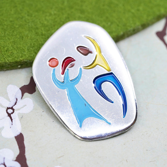 Vintage sterling 925 silver handmade enamel dancing couple brooch pin pendant