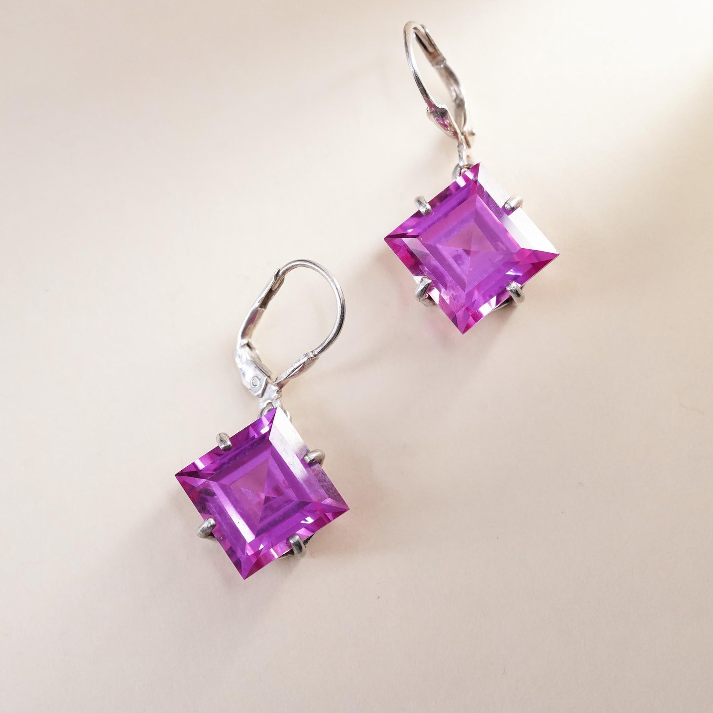 Vintage Sterling 925 silver handmade square earrings with pink crystal