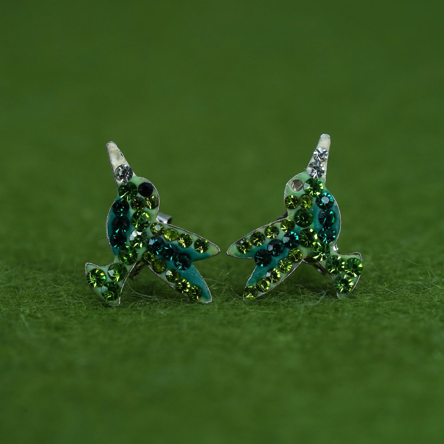 Vintage sterling silver hummingbird studs, 925 bird earrings with green crystal