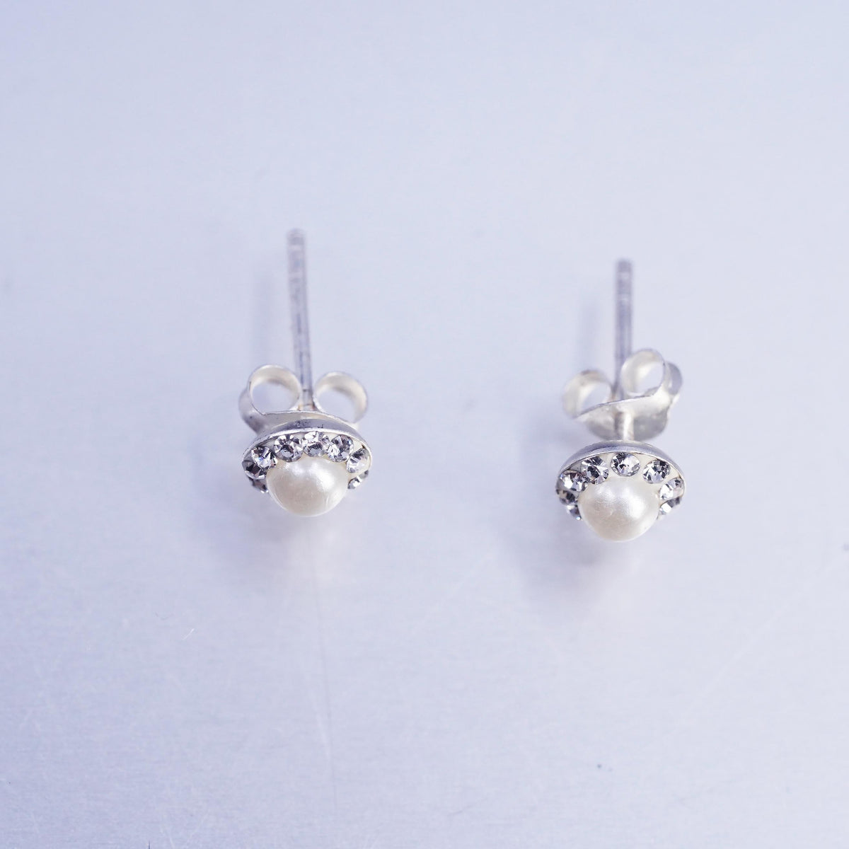 Vintage Sterling 925 silver handmade earrings, studs with pearl and cz