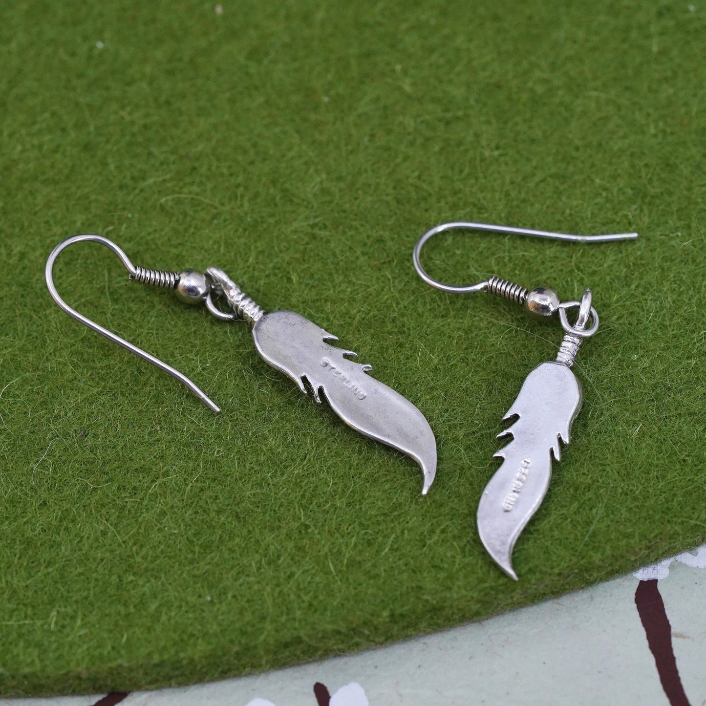 Native American southwestern Sterling 925 silver handmade feather drop earrings