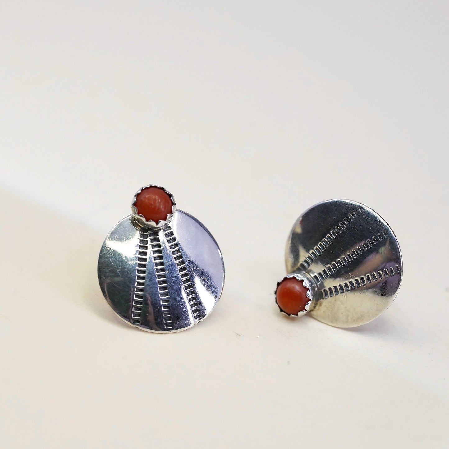 Southwestern St. SIL sterling silver handmade earrings, round 925 studs coral