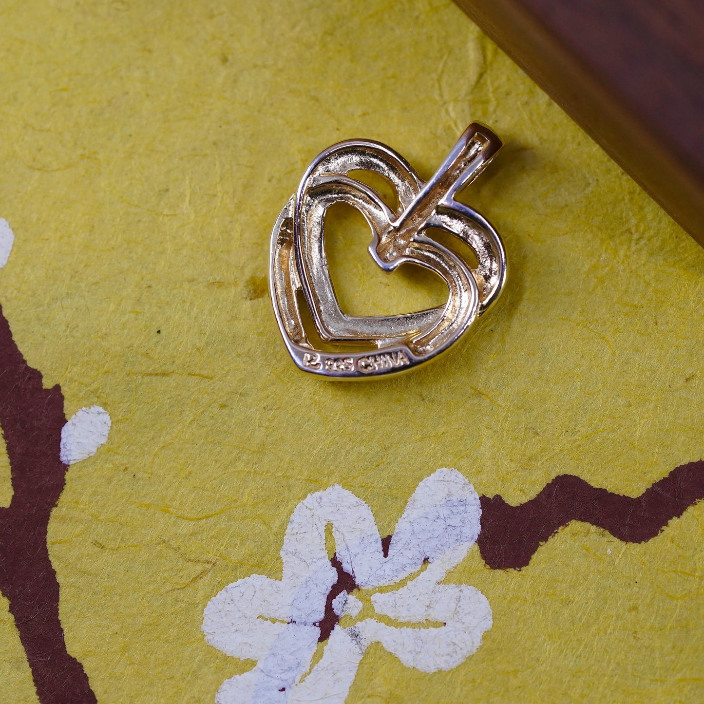 Vintage gold over sterling silver pendant, 925 double hearts genuine diamond