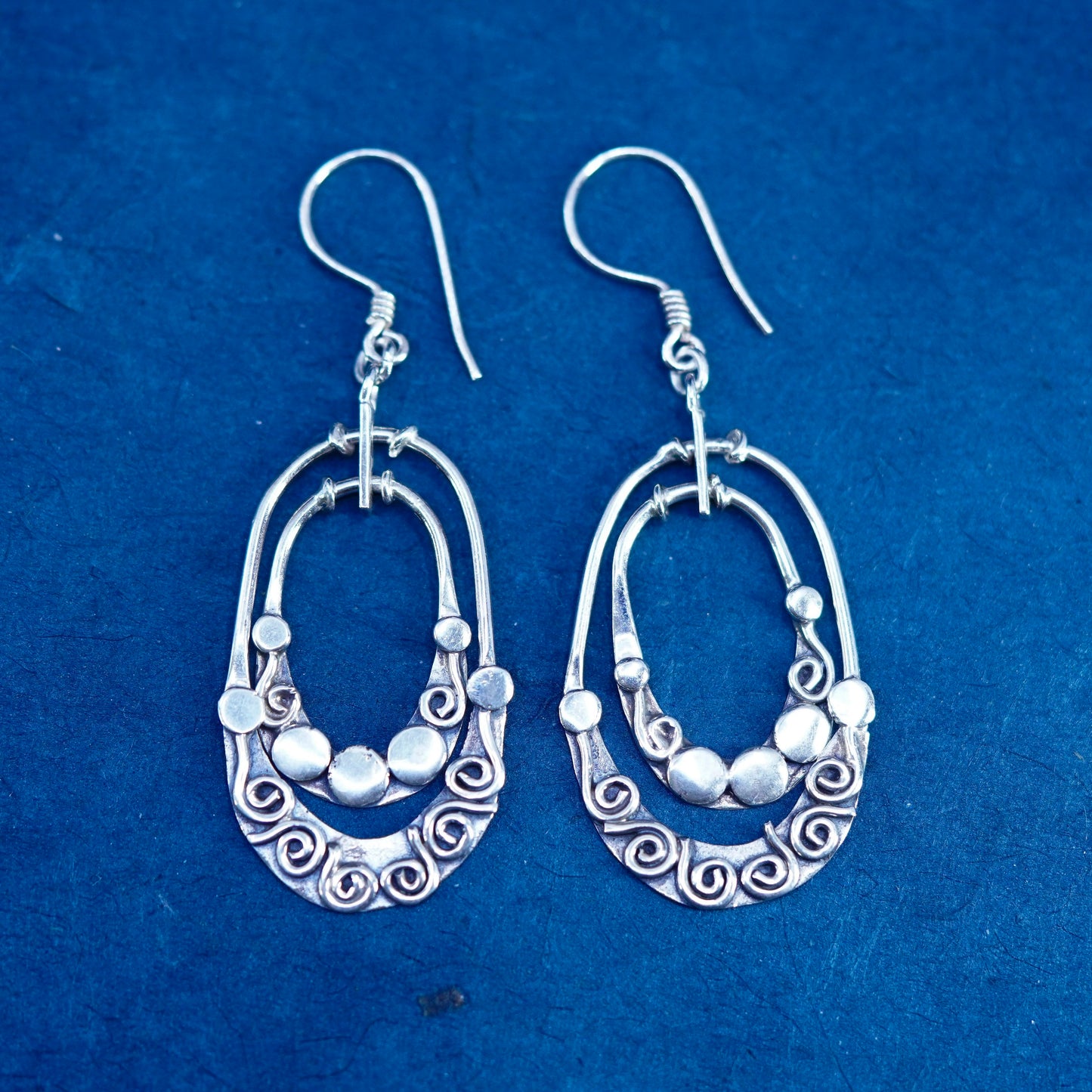 Vintage sterling silver handmade earrings, 925 oval shaped beaded drop