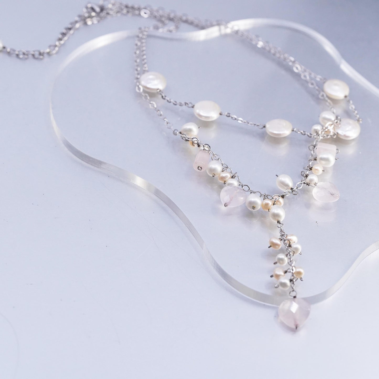 14+2” double strands Sterling 935 silver necklace cluster pearl quartz pendant