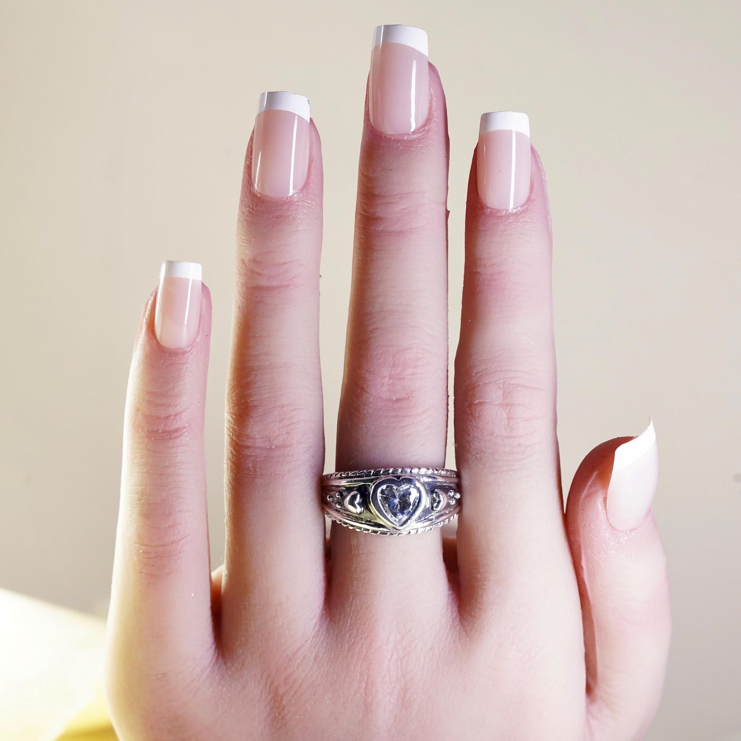 Size 10, Vintage sterling silver handmade ring, engagement ring with heart cz