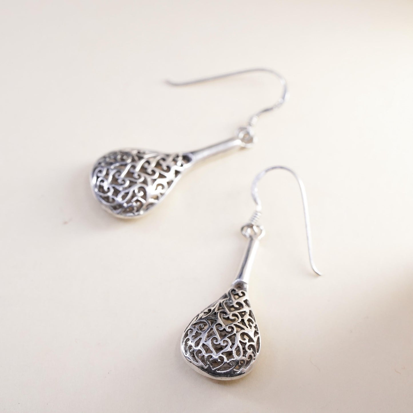 Vintage sterling silver handmade earrings, 925 filigree teardrops